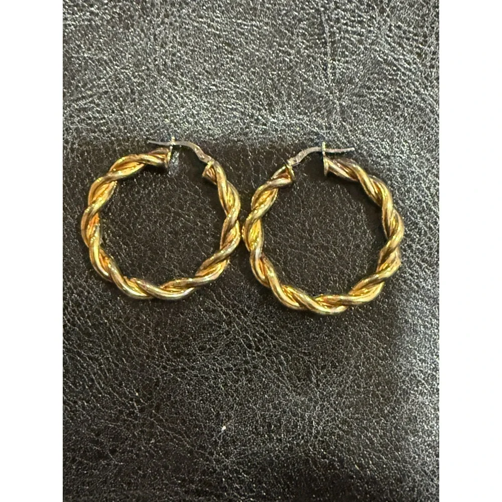Vintage Italy 925 Sterling Silver Gold Vermeil Twisted‎ Rope Hoop Earrings 1.25